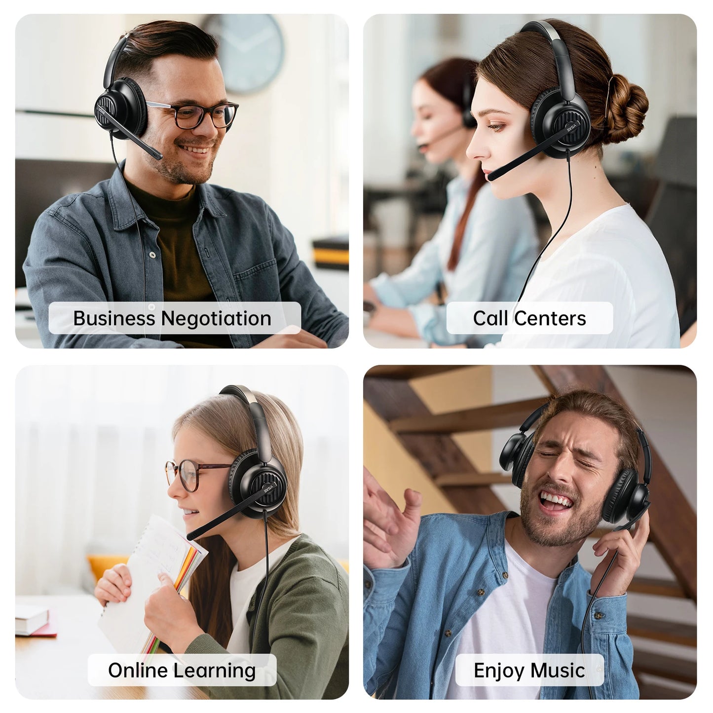 EKSA H8 Office Headset with Noise Cancelling Microphone USB/Type C/3.5mm Wired ENC Headphones for PC/Phone Mute/Teams Button