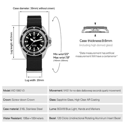 Watchdives WD1980 V3 Watch Vintage VH31 Quartz Movement Stainless Steel Watches Luminous K1 10Bar Waterproof Wristwatch