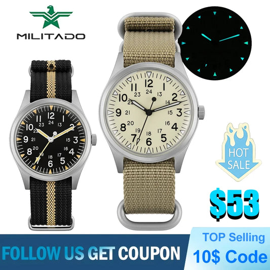 Militado ML07 Quartz Watch VH31 Sweep Movement Domed Sapphire Crystal Luminous 10Bar Waterproof 36mm Vintage Mens Watches