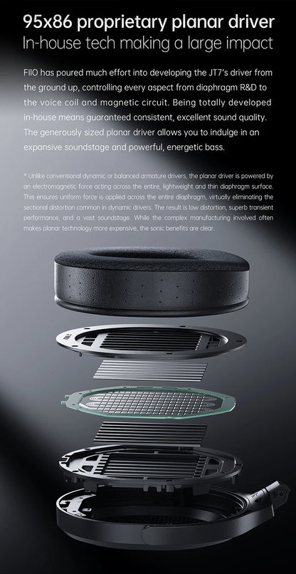 FiiO JT7 Over-Ear Planar Magnetic Audiophile Headphones with 95x86mm Planar Driver design,Adjustable Headband,4.4mm/3.5mm Cable