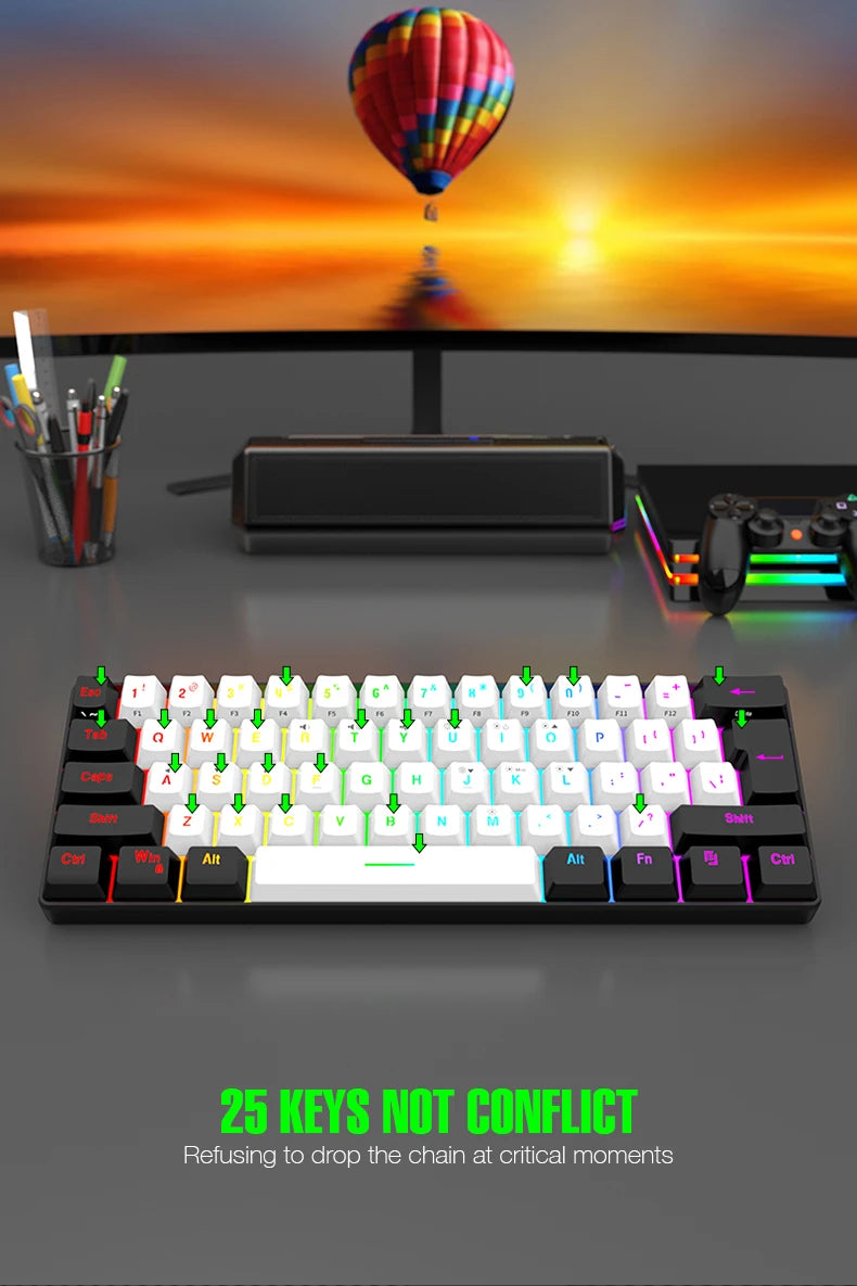61-key wired white, black and blue switch waterproof mechanical keyboard RGB illuminated game and office kit PUBG gamer backlit