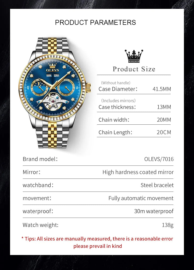 OLEVS 7016 Automatic Man Watch Stainless Steel Diamond Bezel Skeleton Flywheel Moon Phase Luminous Waterproof Mechanical Watches
