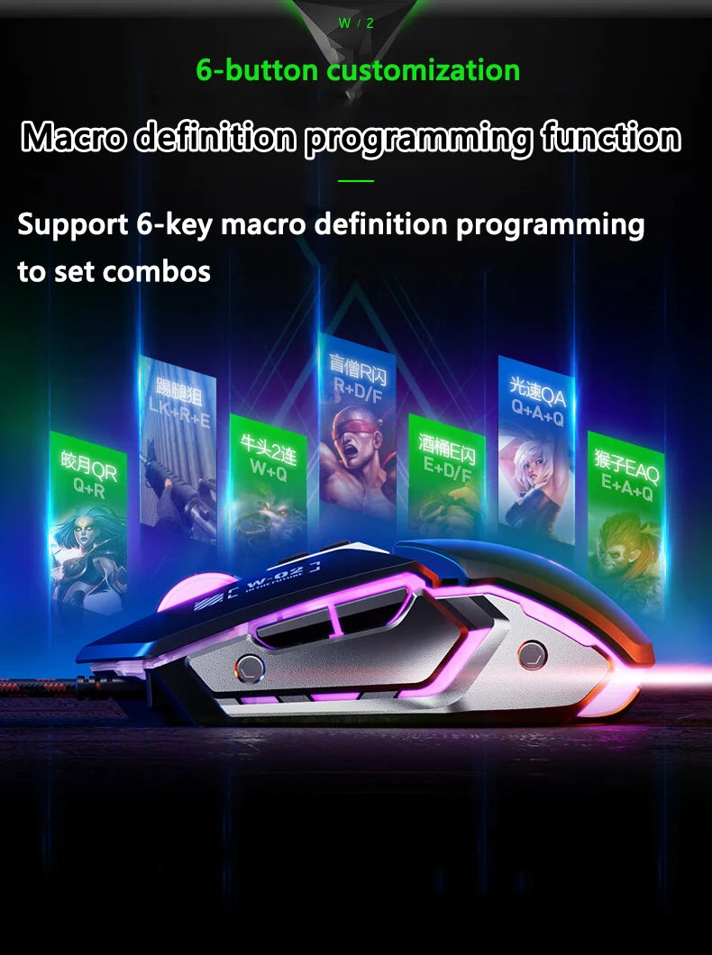 Inphic W2 2nd Generation USB Wired Gaming Mouse Silent Click Metal Style 6-key Macro Programming 8800DPI