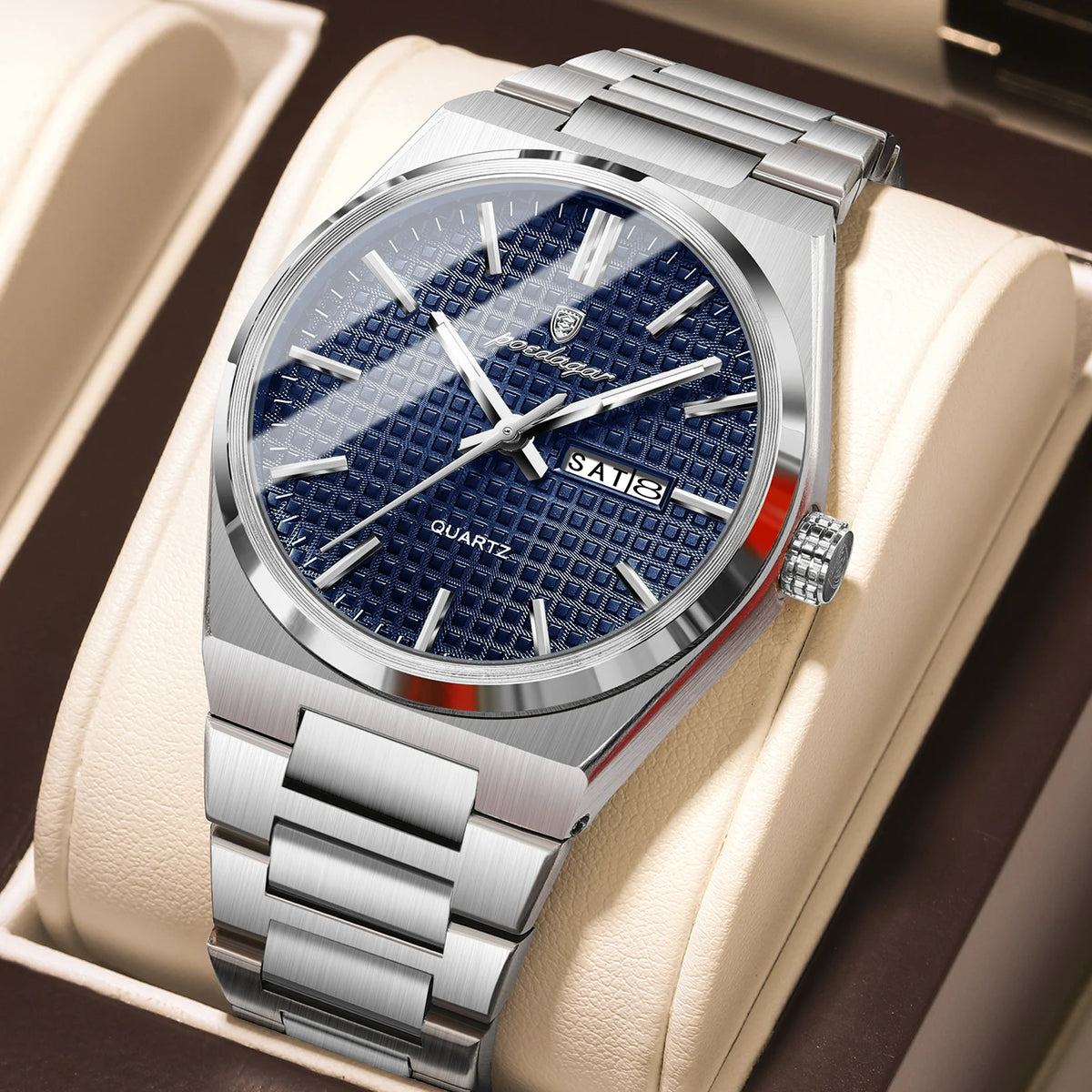 Orologio da polso di lusso da uomo POEDAGAR, impermeabile, luminescente, in acciaio inossidabile, con data e giorno della settimana, al quarzo, stile business.