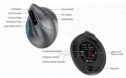 Lefon F26C Vertical Mouse Wireless with OLED Screen Bluetooth Ergonomic Mouse Optical Rechargeable Gaming Mice for PC Laptop