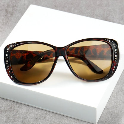 Sunglasögon med strass som passar över vanliga glasögon – Modesolglasögon som passar över – Glittrande, överdimensionerade, leopardmönstrade, fyrkantiga glasögon