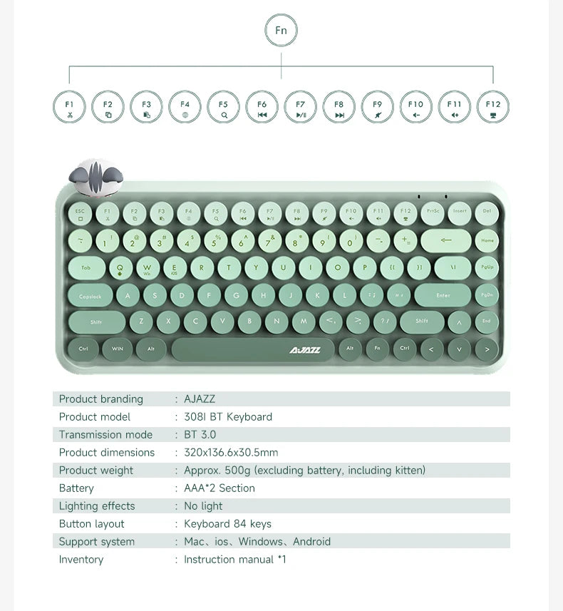 Teclado sem fios Ajazz 308I com 18/84 teclas, teclas redondas, Bluetooth, portátil, 2.4GHz, teclado numérico para tablet, portátil e Android