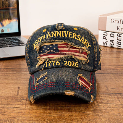 Retro kšiltovka z džínoviny s motivem americké vlajky k 250. výročí 1776–2026, v patinovaném vzhledu, nastavitelná, vlastenecká kšiltovka typu „dad hat“ pro muže i ženy