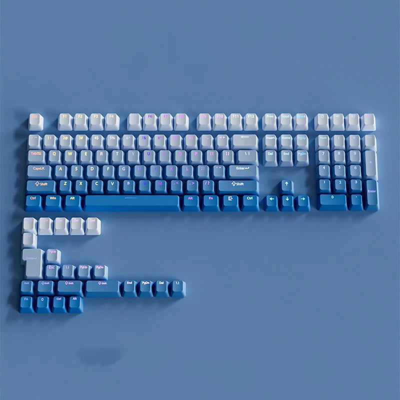 Teclas Gamer RGB retroiluminadas em degradé para teclado mecânico com switch MX, perfil OEM, PBT, branco e azul, layout ISO, teclas DIY