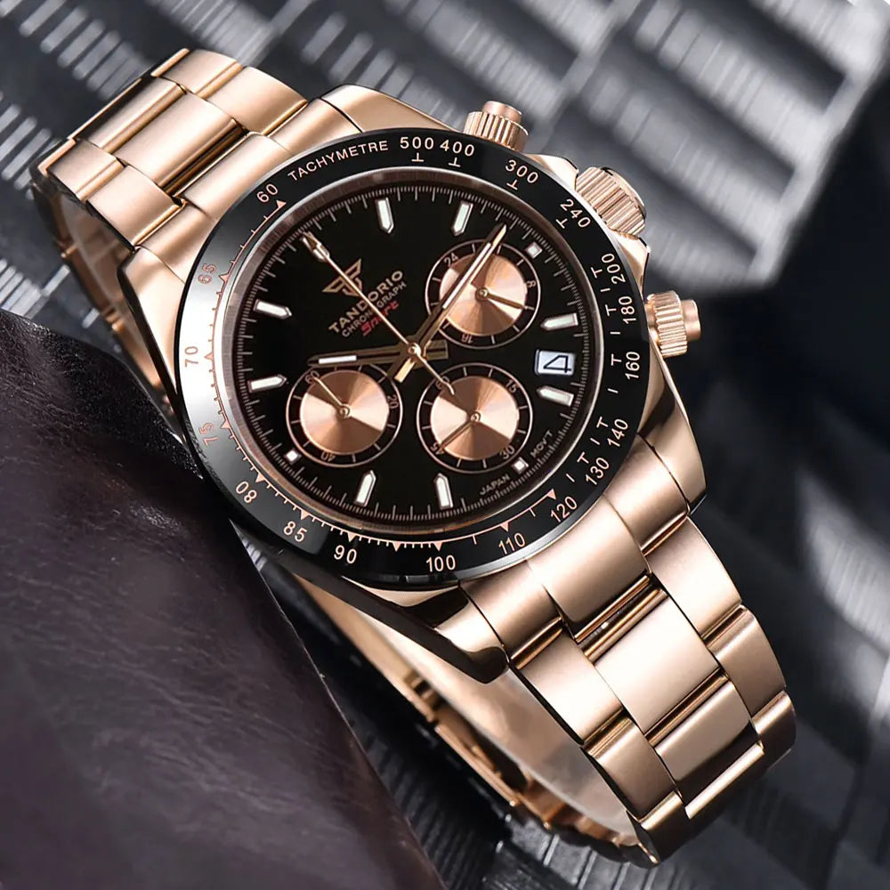Luxury VK63 Men's Watch Quartz Movement Business Stop Watches 39mm Steel/Rose Gold Date Luminous Dial Fully Chronograph