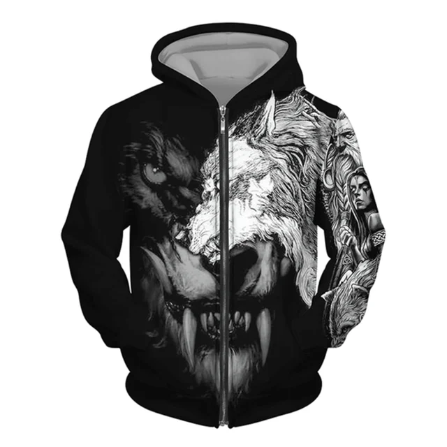 3D Wolf Print Men Zipper Hoodies Fashion Animal Pattern Top Coat Street Punk Style Oversized Sweatshirts Outdoor Leisure Jackets