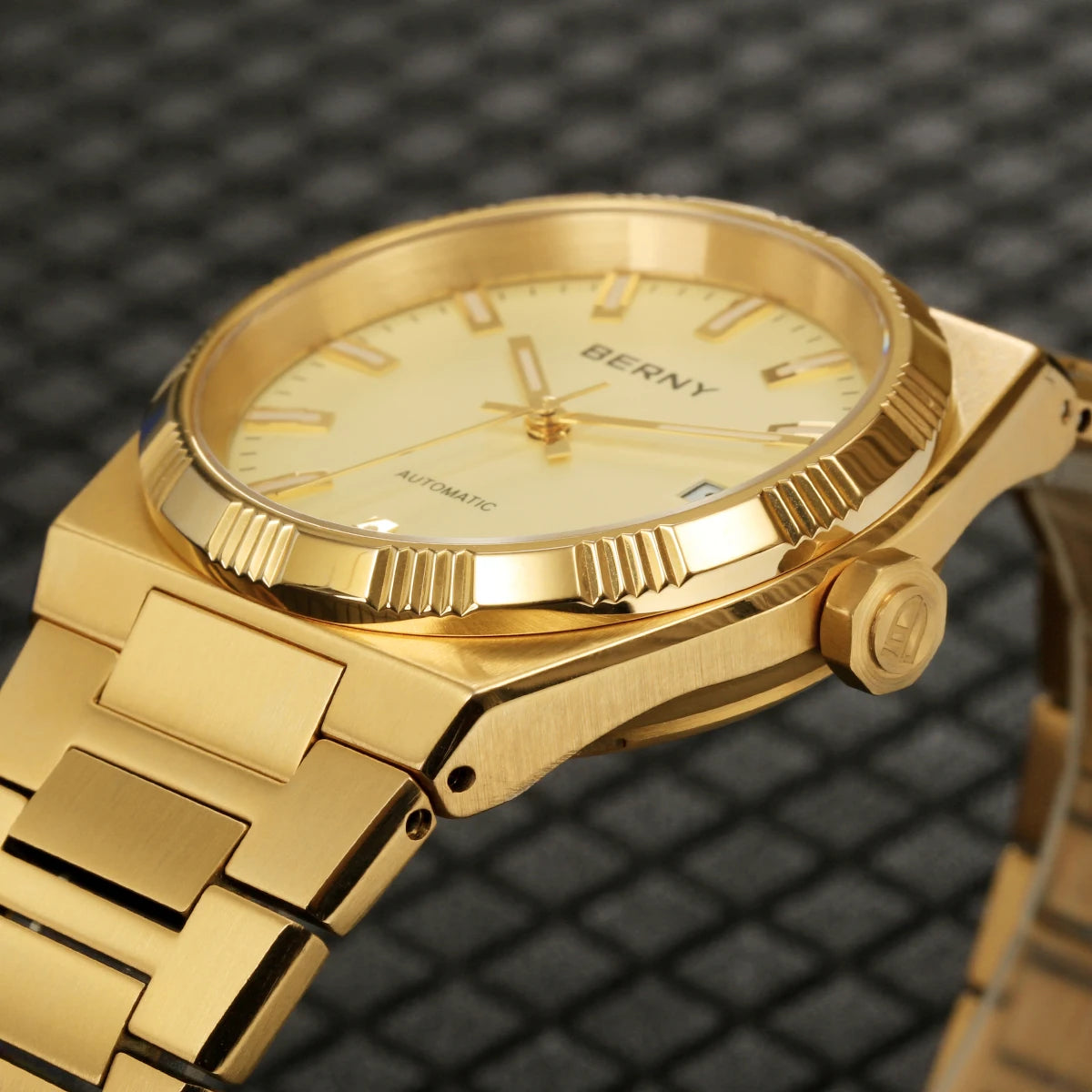 Orologio automatico da uomo BERNY, dorato, vetro zaffiro, lancette luminescenti, originale al 100%, dotato di movimento PT5000, rivestimento antiriflesso, modello di lusso con lunetta intercambiabile, impermeabile fino a 5 ATM.