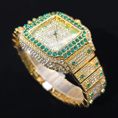 Gold Watch For Men Hip Hop Luxury Green Diamond Quartz Watches Fashion Iced Jewelry Clock Dropshipping