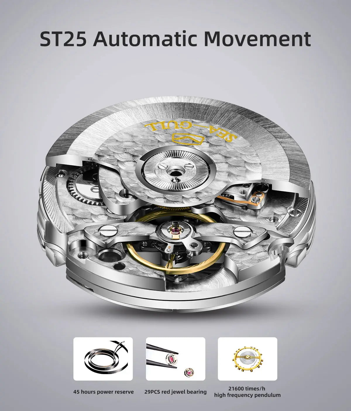 NEU Herren-Automatikuhr mit mechanischem Seagull ST25-Uhrwerk, modische Herrenarmbanduhr mit skelettierter Unruh, Casual-Business-Uhr 819.624