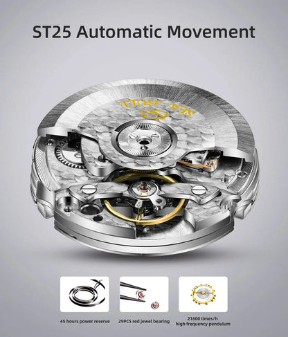 NEU Herren-Automatikuhr mit mechanischem Seagull ST25-Uhrwerk, modische Herrenarmbanduhr mit skelettierter Unruh, Casual-Business-Uhr 819.624