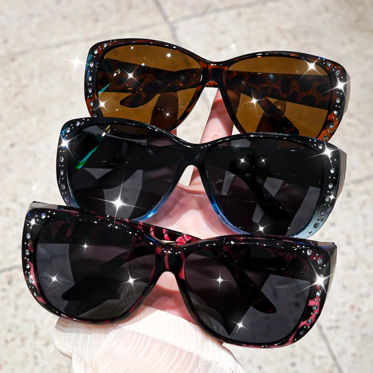 Sunglasögon med strass som passar över vanliga glasögon – Modesolglasögon som passar över – Glittrande, överdimensionerade, leopardmönstrade, fyrkantiga glasögon