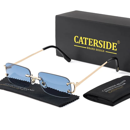 CATERSIDE Blå rektangulära solglasögon för män Ramlösa metallglasögon i fyrkantig design för kvinnor Gradientlinser Utomhusglasögon UV400