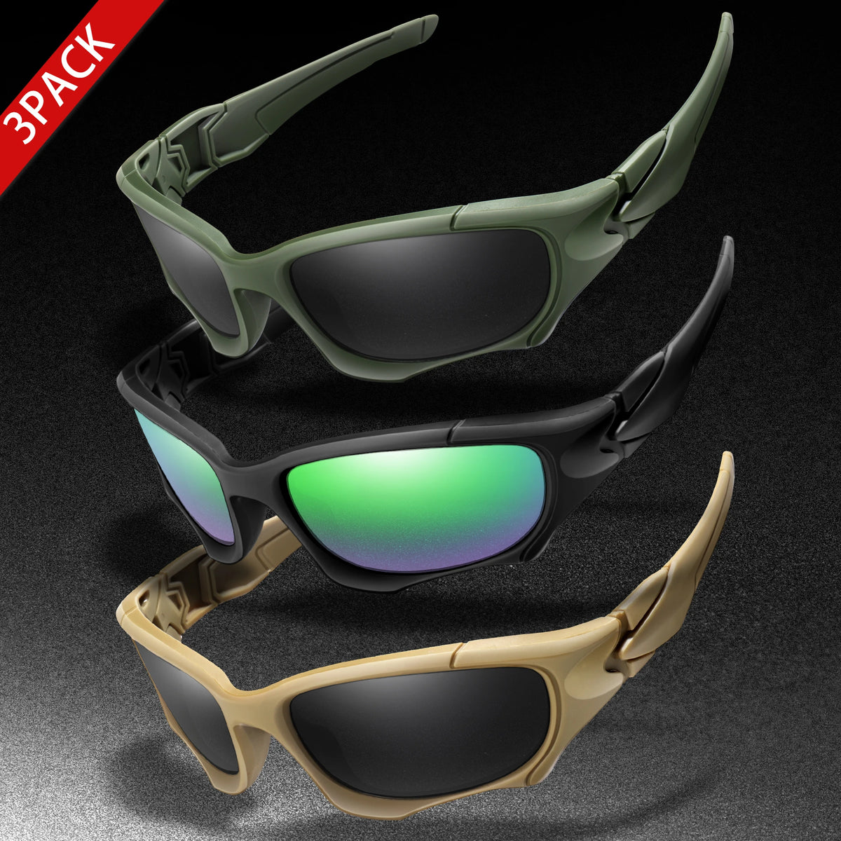 3-PACK Trendiga Outdoor Tactics-sportglasögon för män och kvinnor – cykelglasögon, bilkörning, camping, resor – färgglada skyddsglasögon