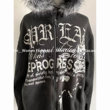 American Vintage Black Faux Fur Sweatshirts Women Letter Printed Subculture Coats with Hooded Female Gothic Harajuku Jackets Y2k, Produit gaming premium Fraquane, produits de luxe, nouvelle génération, équipement gamer
