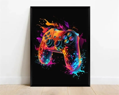 Pop-Neon-Poster mit Videospiel-Charakter, Gamepad, Kopfhörern, Fußball und Basketball – Leinwanddruck, Wandkunst-Dekor für das Gaming-Zimmer