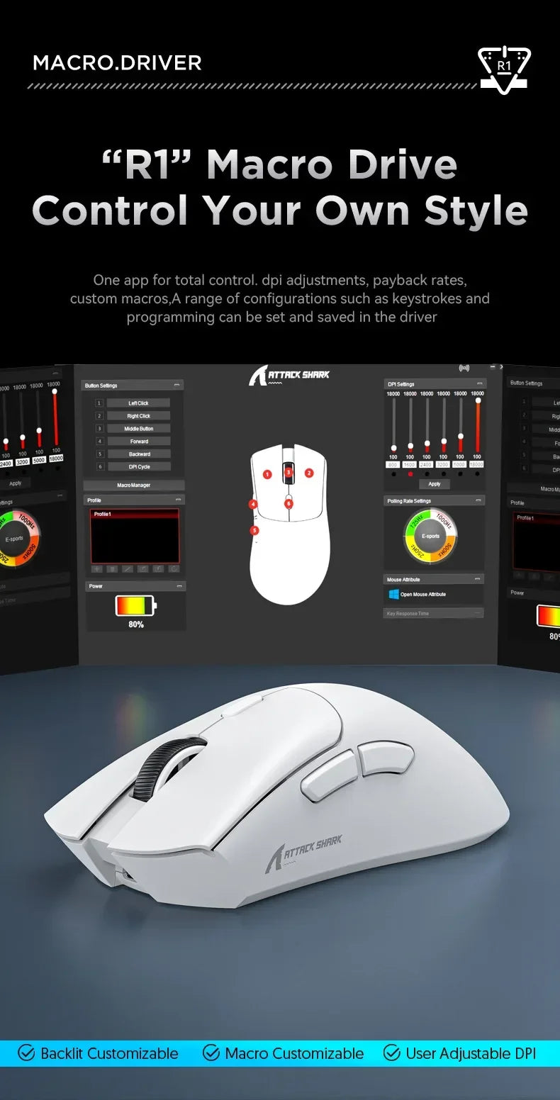 Attack Shark R1 2.4G USB Wireless Bluetooth Gaming Mouse 18K DPI PAW3311 Tri-Mode Connectivity 59g Lightweight For PC Laptop Mac