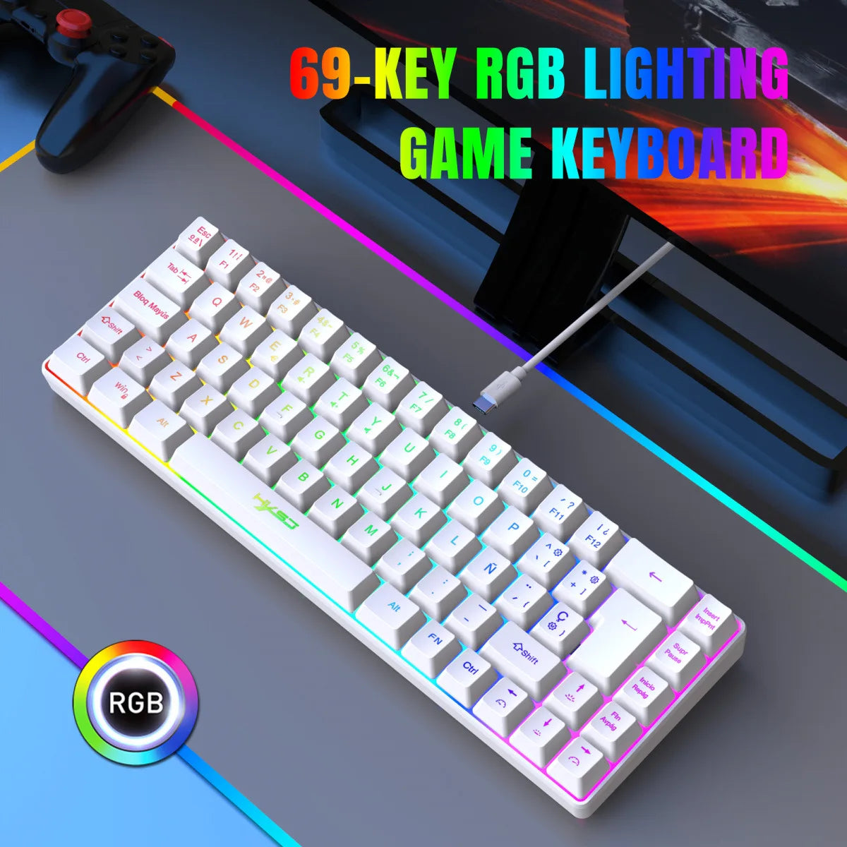 RGB backlit keyboard Russian 69 keys white membrane gaming wired ergonomic Keyboards for compact mini for pc laptop color black