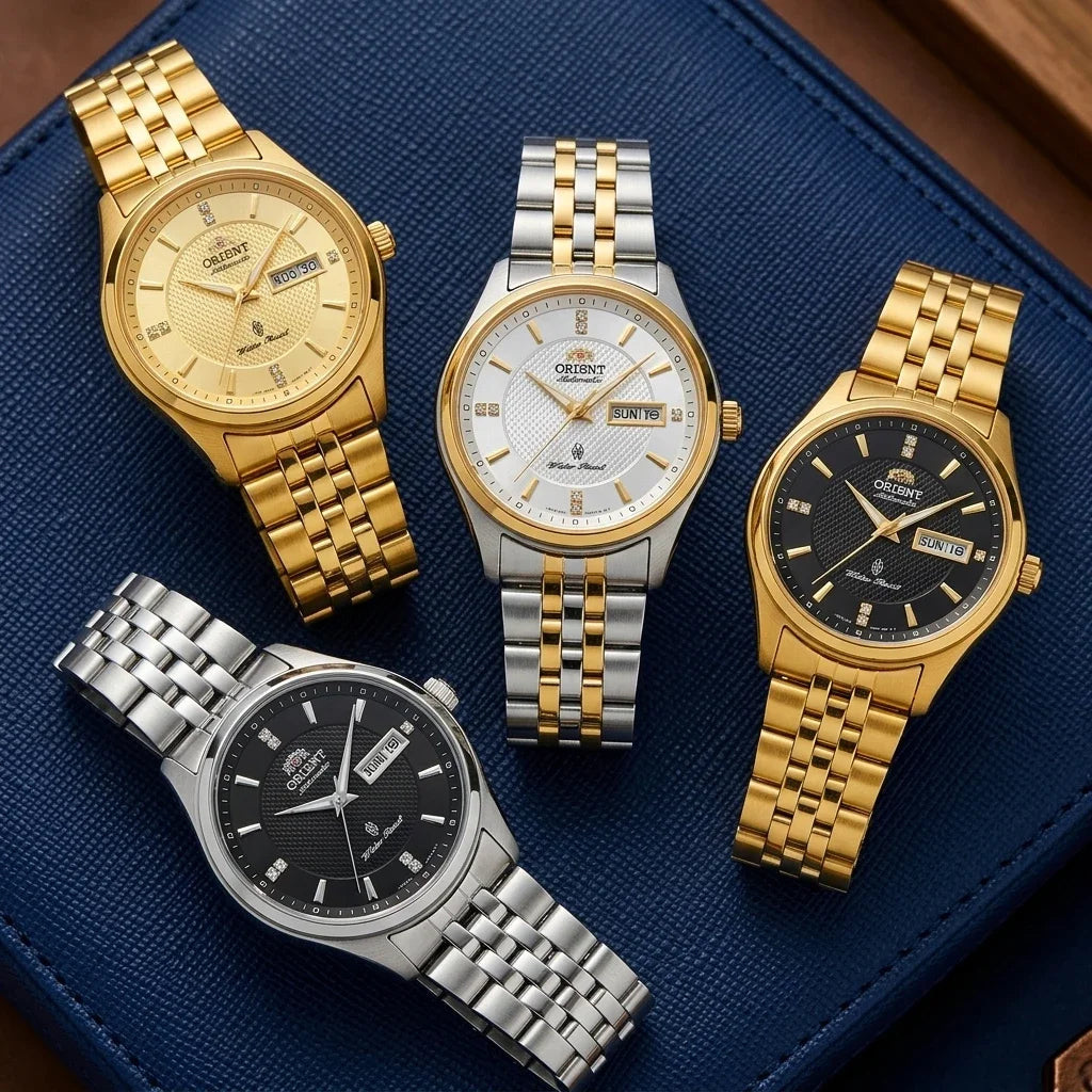 Orient mekanisk automatisk herreur med dobbelt kalender (dato og ugedag), krystalindekser og armbånd i rustfrit stål – Armbåndsur i professionel stil