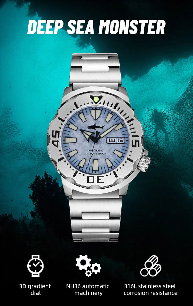 HEIMDALLR V2 Monster Men's Automatic Diver Watch Sapphire Crystal 20Bar Waterproof NH36A Snowflake Blue Dial Mechanical Watches
