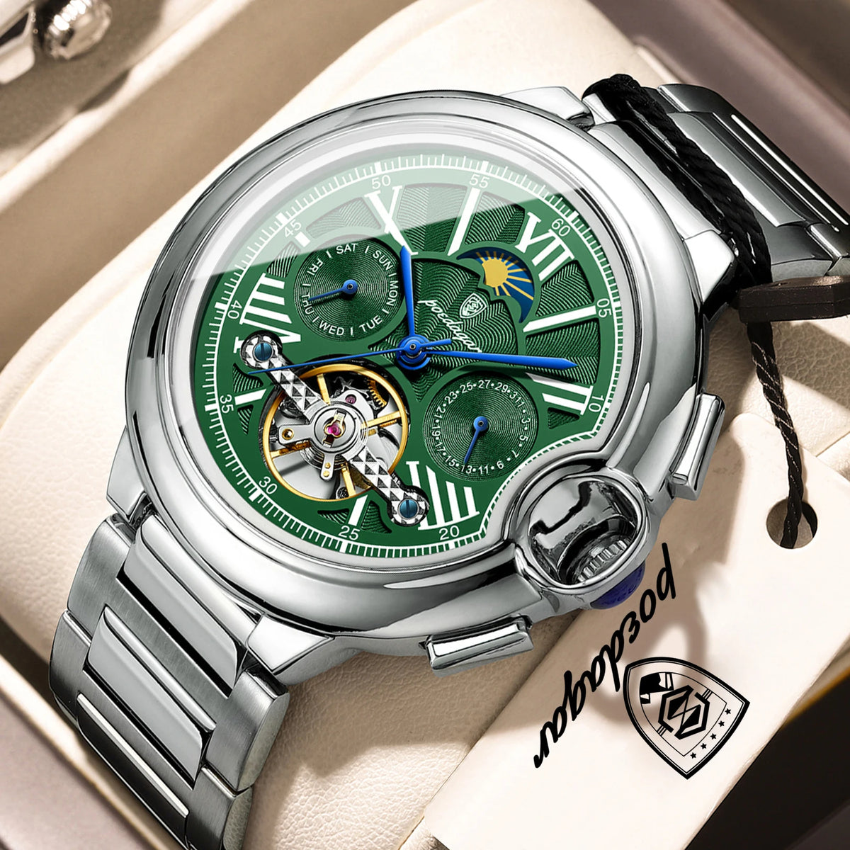 POEDAGAR luksusur til mænd – Mekanisk automatisk model med dato- og ugedagsvisning, læderrem, tourbillon, vandtæt, elegant og professionelt design.