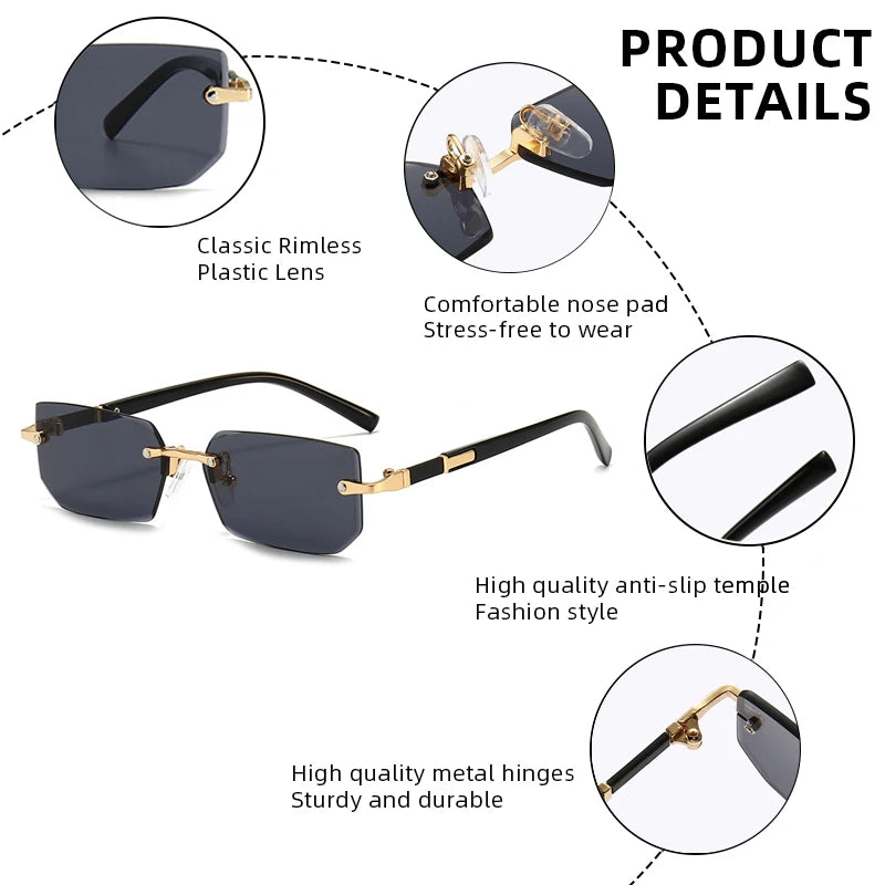 Mode Rimless Solglasögon Män Kvinnor Populära Ramlösa Solglasögon Man Kvinna Klassiska Små Fyrkantiga Sommar Resesolglasögon