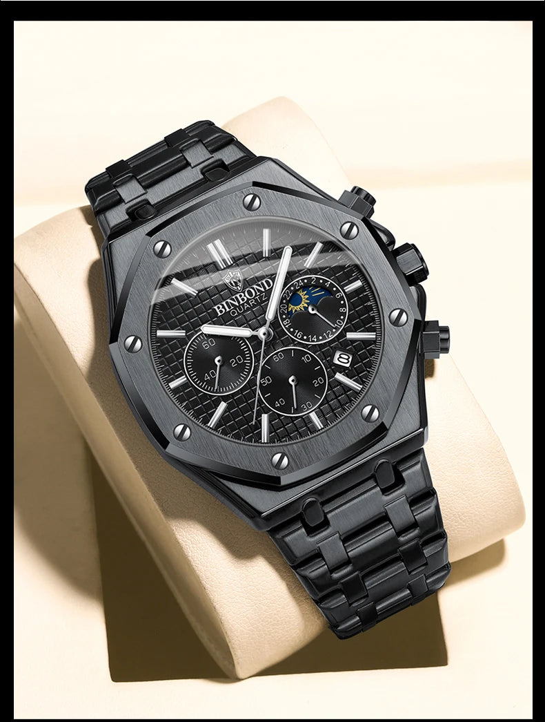 BINBONG B0161 Top Brand Man Business Quartz Watch Chronograph Wristwatch Stainless Steel Strap 30M Waterproof Luxury Men Watch