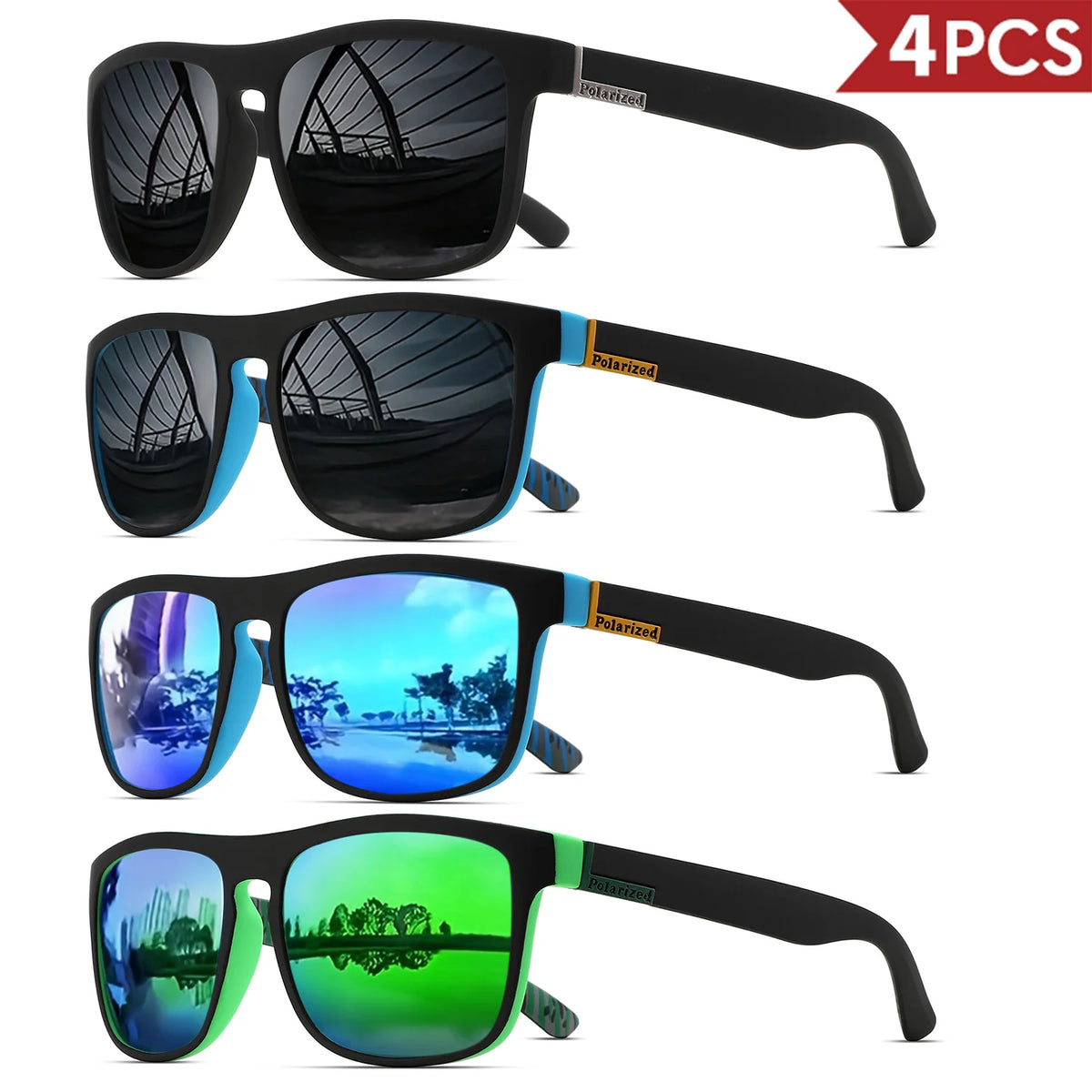 4PCSClassic Square Polarized Sports Sunglasses Lightweight PC Frame UV400 for Driving Fishing Cycling Unisex Everyday Durability