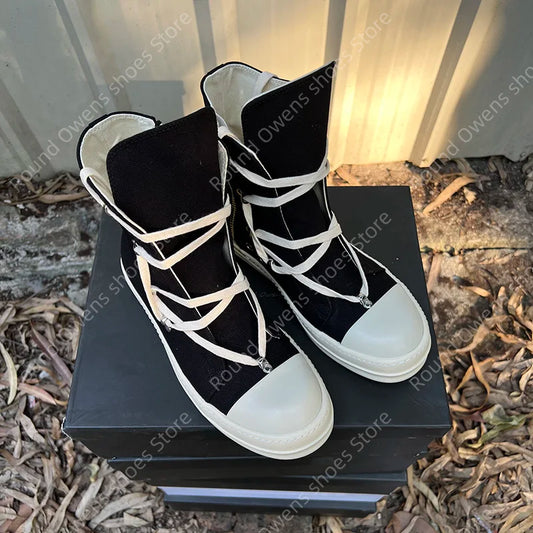 Casual High Top Quality Black Designer Men Leather Shoe Ro Pentagram Thick-sole Zip Flat Canvas Luxury Women Ankle boot Sneakers