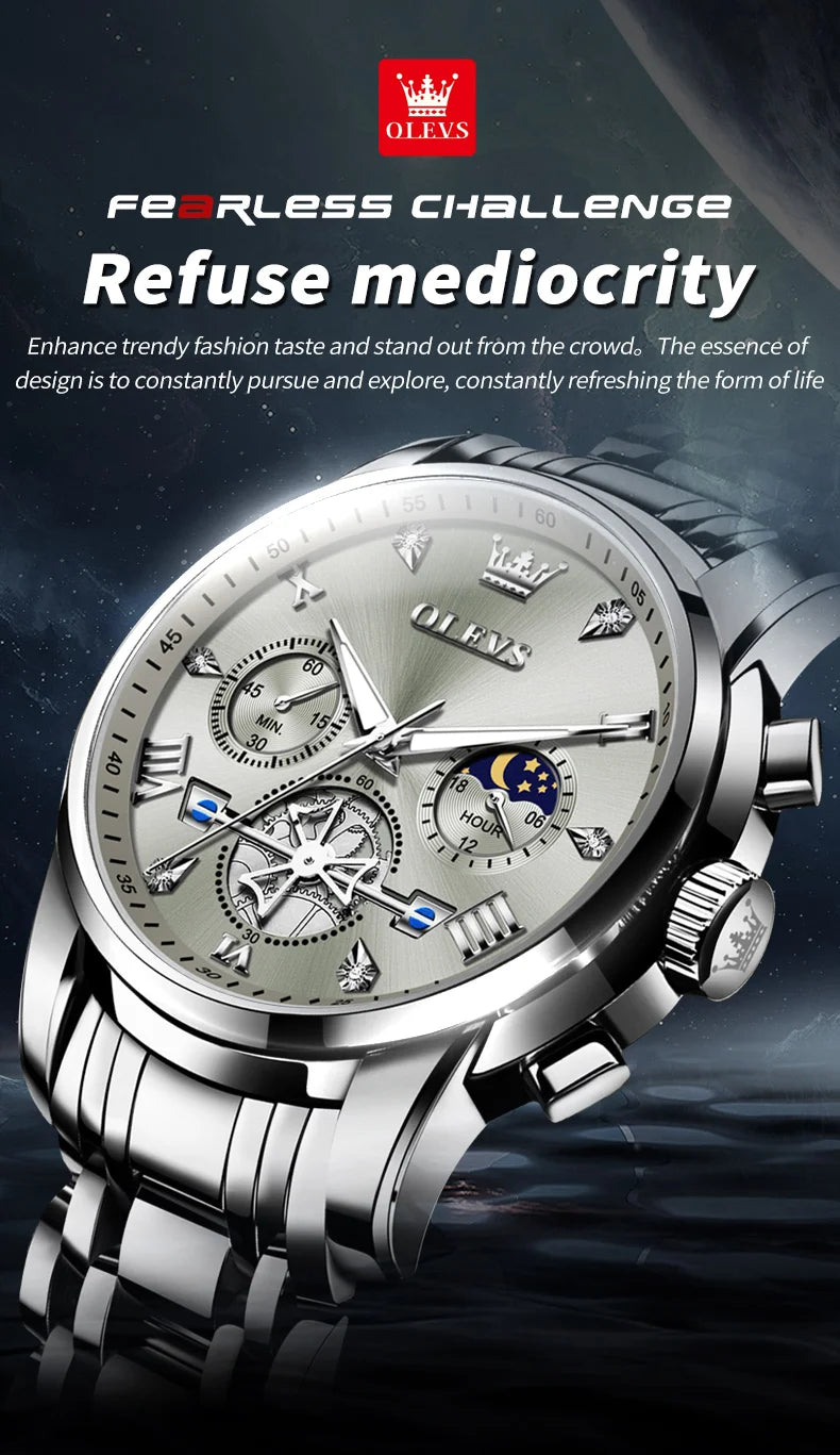 OLEVS Men's Watches Classic Multifunctional Flywheel Chronograph Original Quartz Wristwatch Moon Phase 24 Hour Waterproof Watch