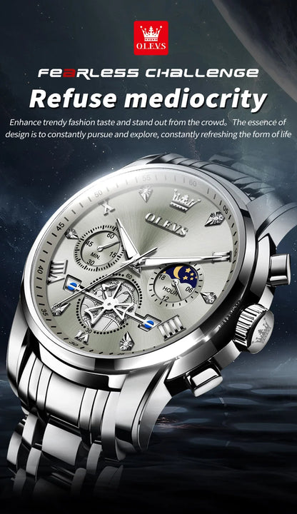 OLEVS Men's Watches Classic Multifunctional Flywheel Chronograph Original Quartz Wristwatch Moon Phase 24 Hour Waterproof Watch