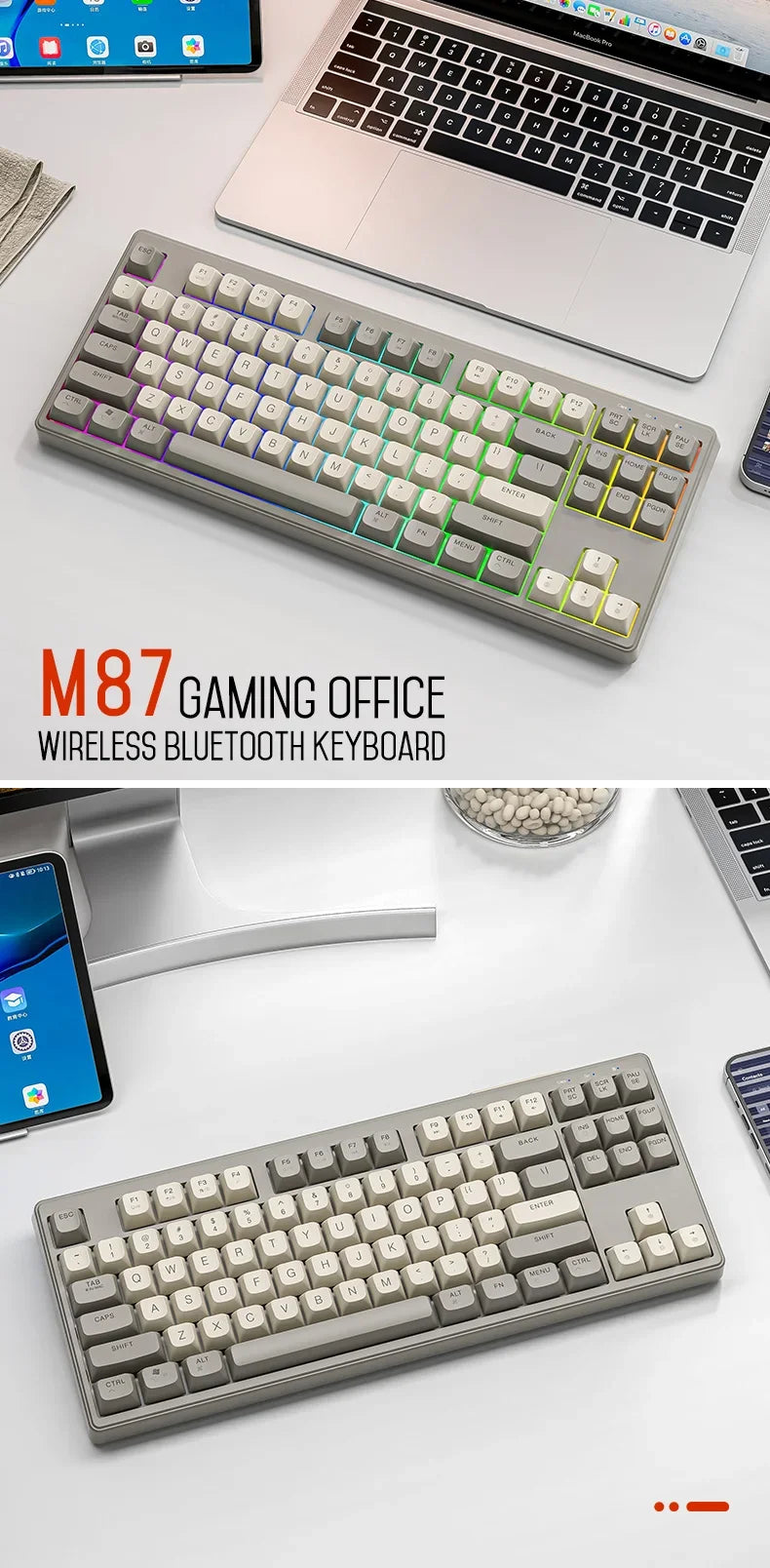Teclado M87 inalámbrico Bluetooth de doble modo, sensación mecánica, gaming y oficina, silencioso, teclas esféricas PBT, luz arcoíris