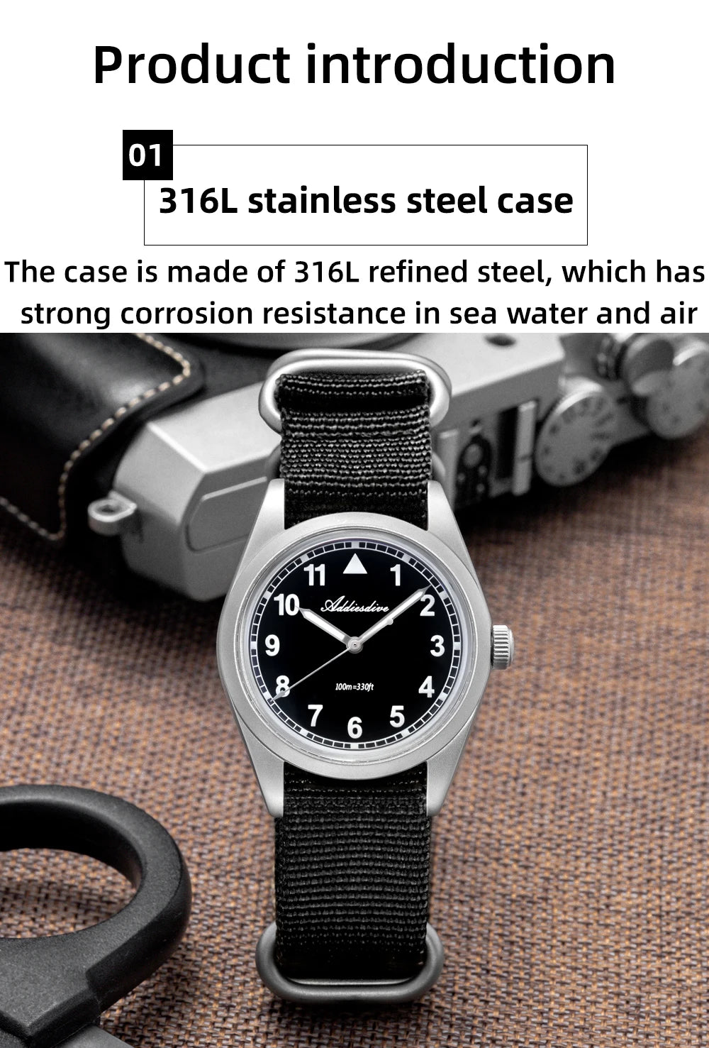 Reloj analógico para hombre ADDIESDIVE de 36mm con cristal de espejo abombado, resistente al agua 100m, luminoso, reloj de cuarzo sencillo para hombre con correa de nailon