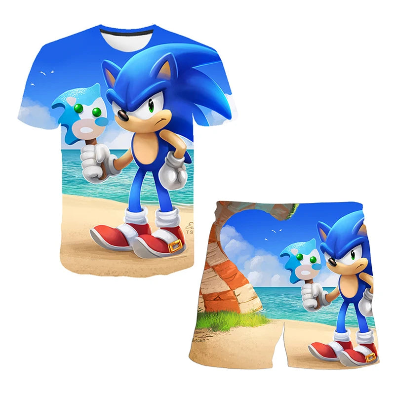 2026 Sonic The Hedgehog 3D T-shirt Set for Boys and Girls: Cute Summer Top + Shorts - Children's Short-Sleeve Birthday Gift