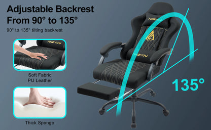 Andyou Ergonomic Gaming Chair - Swivel Reclining Gaming Chair , PU Leather Upholstery, Weight Capacity 150kg