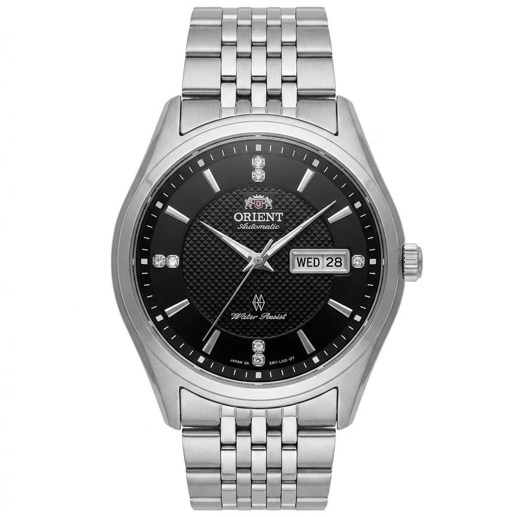 Orient mekanisk automatisk herreur med dobbelt kalender (dato og ugedag), krystalindekser og armbånd i rustfrit stål – Armbåndsur i professionel stil