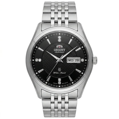 Orient mekanisk automatisk herreur med dobbelt kalender (dato og ugedag), krystalindekser og armbånd i rustfrit stål – Armbåndsur i professionel stil