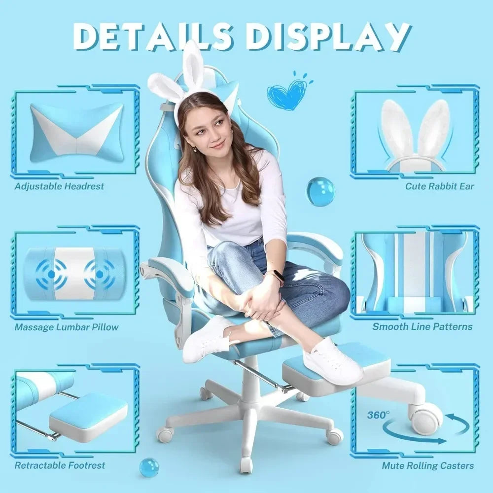 #For Kawaii Light Blue Gaming Chair with Bunny Ears, Ergonomic Cute Gamer Chair with Footrest and Massage, Racing Reclining&