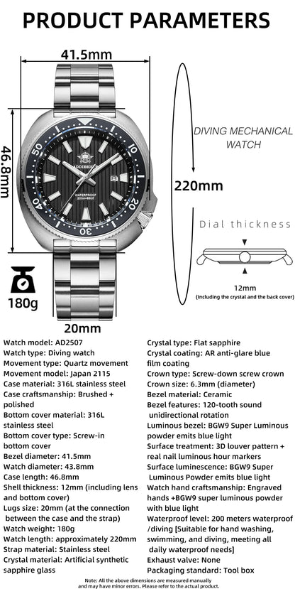 ADDIESDIVE Men's Diving Watch 200 Waterproof Sapphire Glass Quartz Watch BGW9 Luminous Stainless Steel Business Fashion Watch