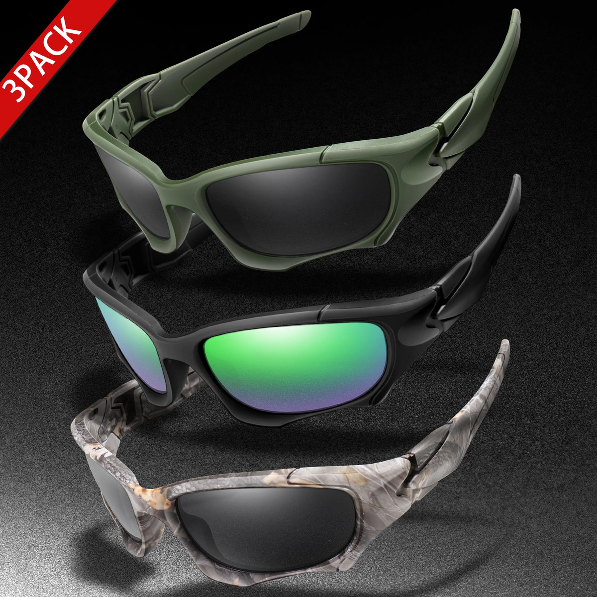 3-PACK Trendiga Outdoor Tactics-sportglasögon för män och kvinnor – cykelglasögon, bilkörning, camping, resor – färgglada skyddsglasögon