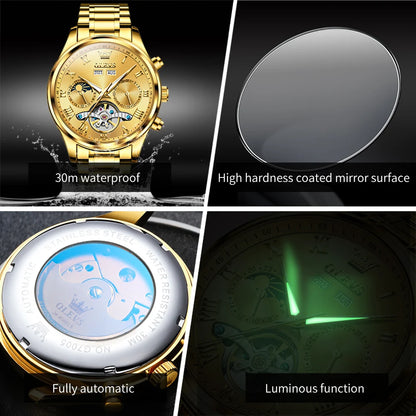 OLEVS 7005 Classic Business Mechanical Wristwatch for Men Skeleton Flywheel 24 Hour Moon Phase Calendar Luxury Men's Watch