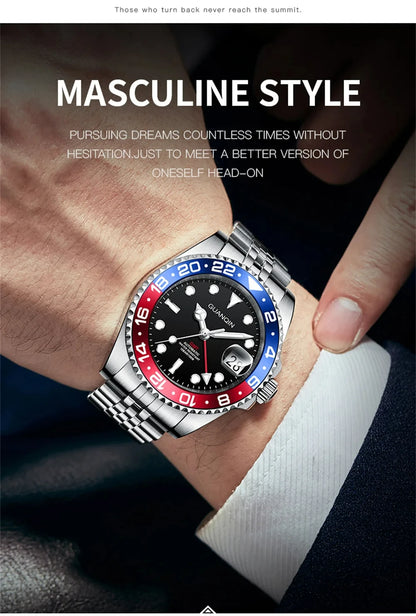 Orologio da uomo GUANQIN GMT 2025, nuovo orologio automatico da uomo NH34, meccanico da polso, vetro zaffiro, acciaio inox, per mancini