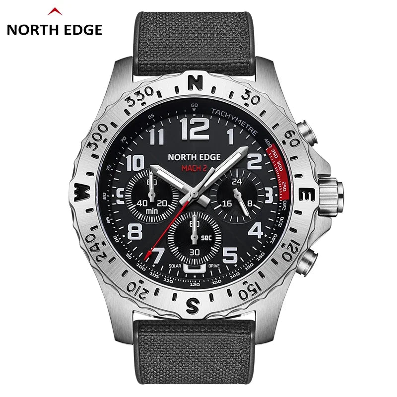 NORTH EDGE  Men's Watches Solar Power 316 stainless steel Case Quartz Watch For Men Pilot Waterproof 50M Stopwatch