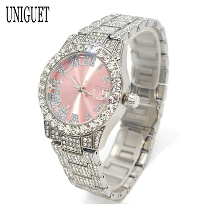 Hot Fashion Luxury Brand UNIGUET Womens Watch Elegant Pink Diamond Small Dial BlingBling Quartz Ladies Mini Iced Wristwatch Gift