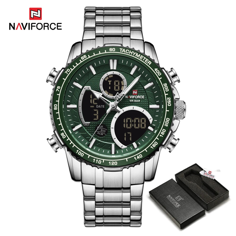 Relógio desportivo para homem NAVIFORCE – Relógio de pulso de luxo original em aço inoxidável, modelo militar estanque com duplo visor