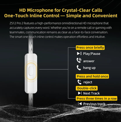 KZ ZS12 PRO 2 Flagship-Grade Super-Linear Hybrid IEM Earphones HiFi Bass In Ear Headphones Esports Gaming Headest Wired Earbuds